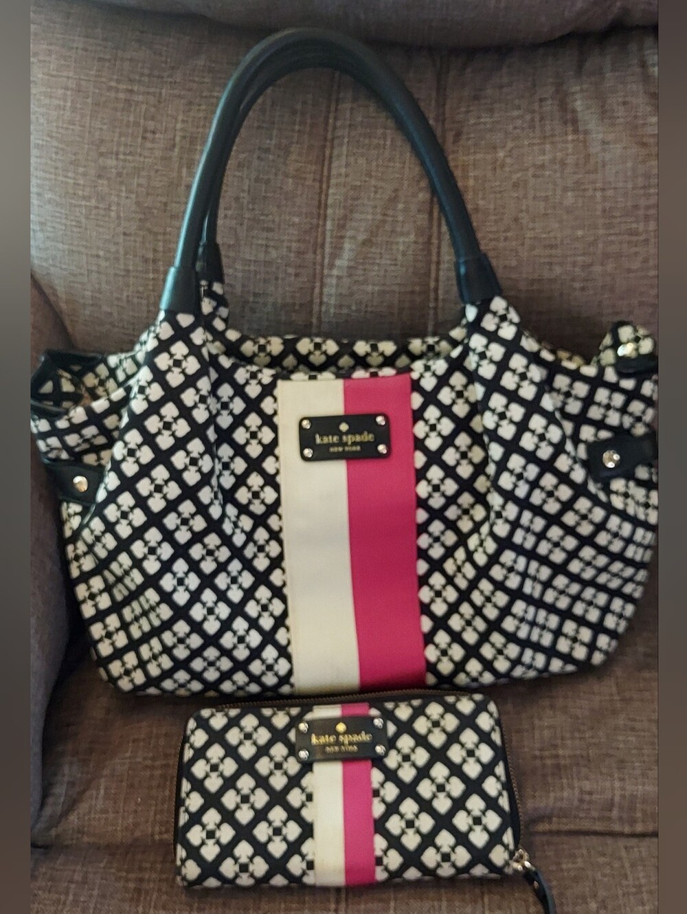 Kate Spade Black & White Pattern Tote with Pink Stripe & Wallet